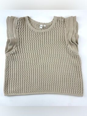 Gap cotton crochet ruffle top XL beige knit round neck Feminine Summer Neutral